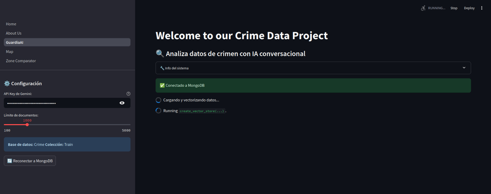 Vista pública del asistente de consulta de Crime.io.